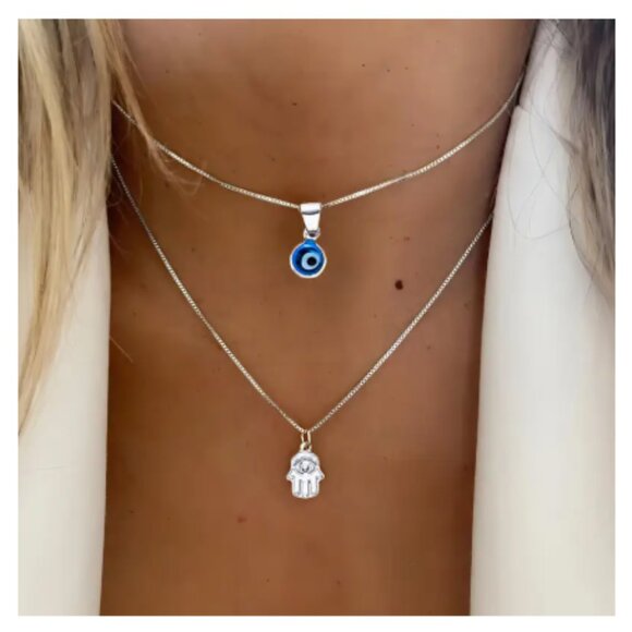 Jewelry - 2pcs Set Silverly Evil Eye & Hasma Pendant Necklace